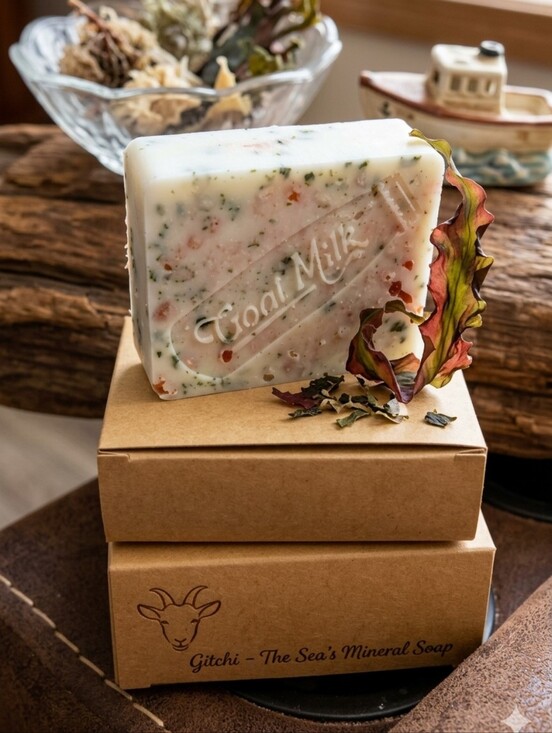 Hand Crafted Other - Gitchi Sea's Mineral Seaweed  Goat Milk Soap - White with Green & Coral Speckles